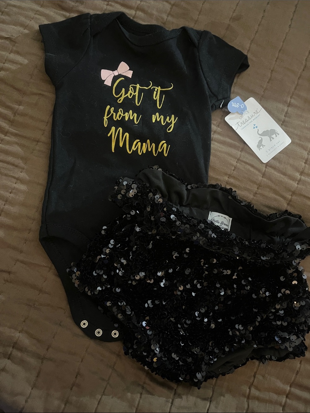Black Baby Bib with Gold Script "Got it from my Mama" and Pink Bow Accent